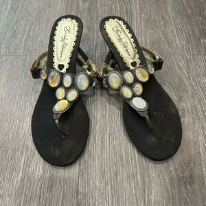 Beverly Feldman Black and Gold Embellished Sandals